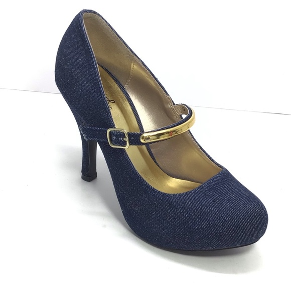 Qupid Denim Platform Metallic Mary Jane Stilettos - Picture 2 of 12